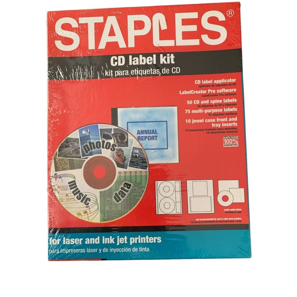 Staples CD Label Kit Laser Ink Jet, 50 CD Labels,10  Case Inserts, New, Sealed
